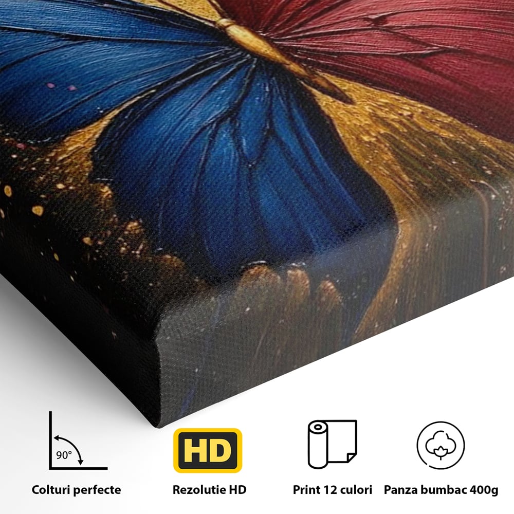 Detaliu al suprafetei: tablou canvas cu fluture colorat, fara rama, pe sasiu de lemn